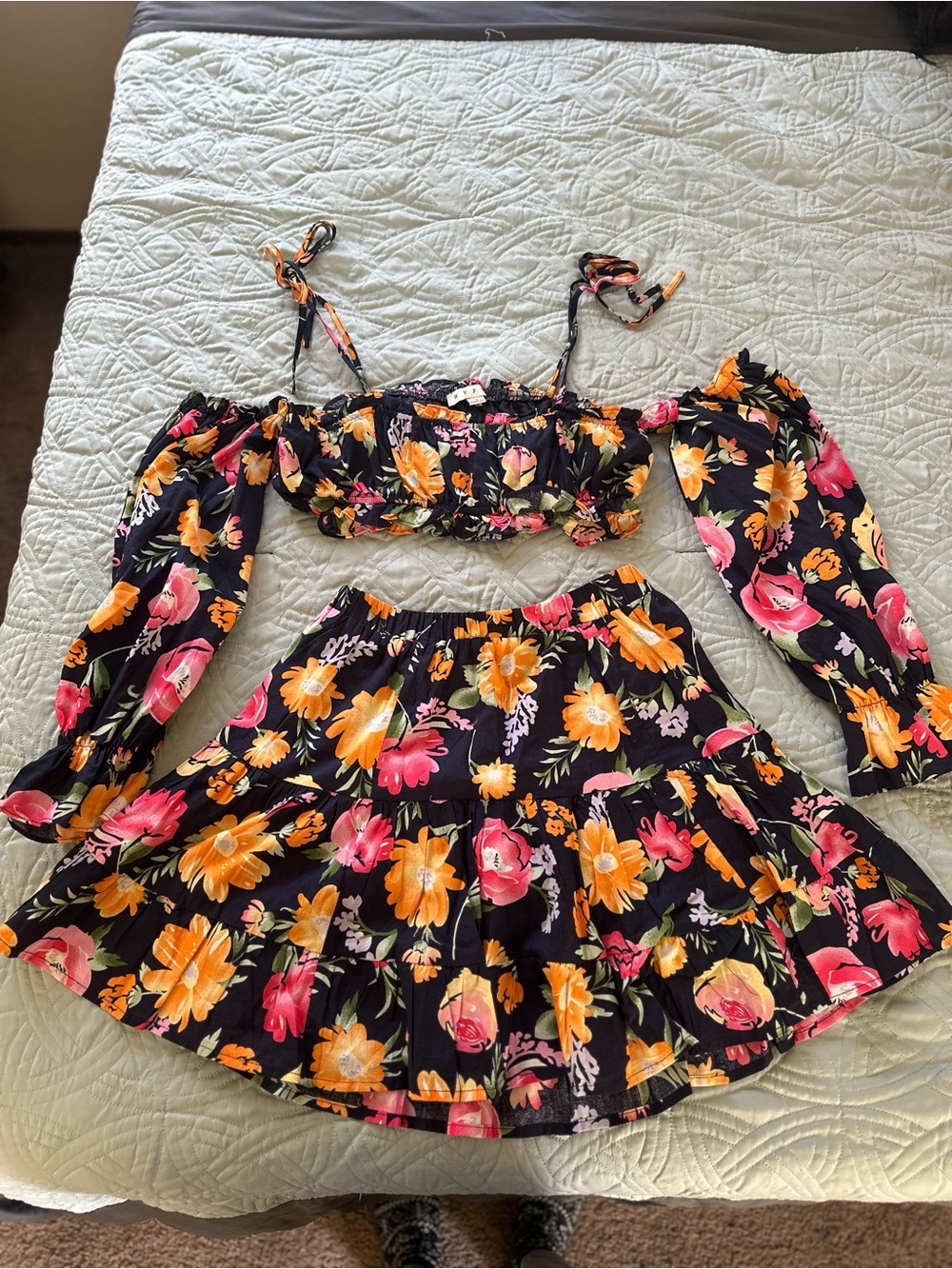 Girls Navy Blue Floral Two-Piece Dress Set - Pink & Orange Flowers